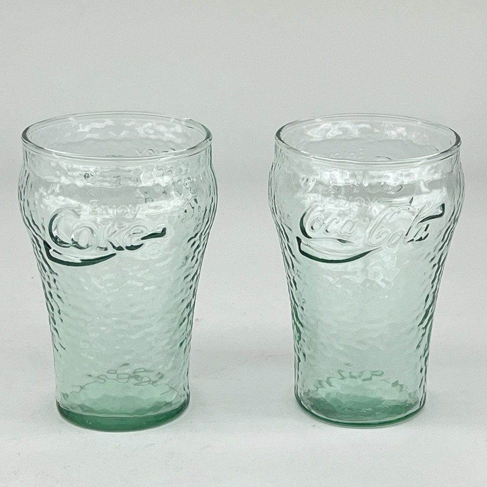 Coca Cola Set 2 Glasses Green Pebbled Retro Memorabilia Collectible Souvenir